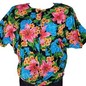 Vintage 90s More Promises Blouse Size 22W Floral Tropical Print Button Down Bow